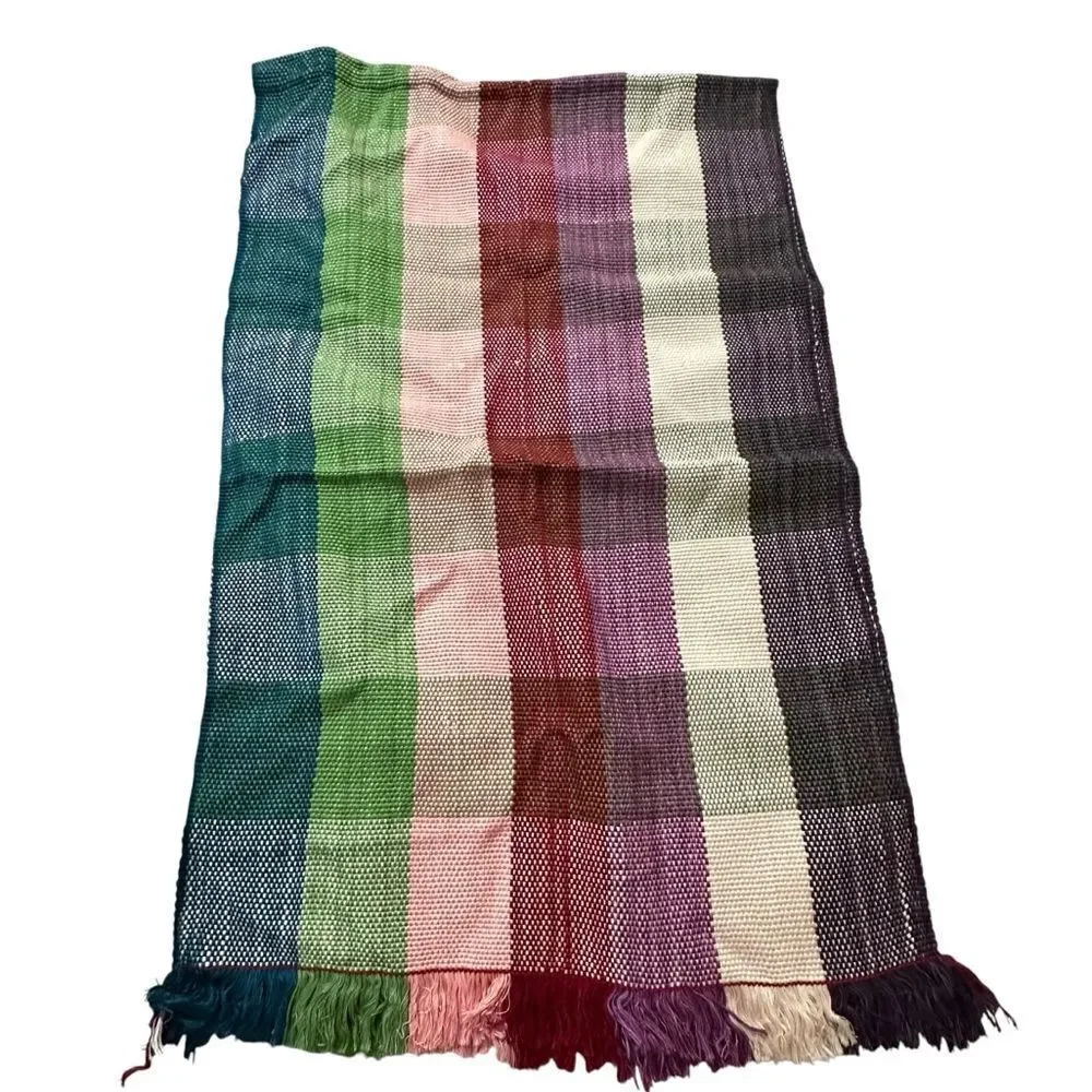 Vintage Multicolored Checked hand woven Silk blend Shawl, Scarf, wrap,